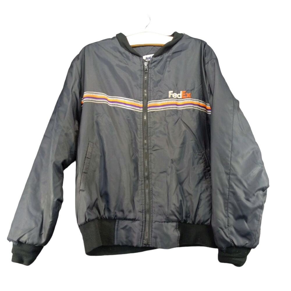 Vintage FedEx Federal Express Full Zip Coat Size L Gray Striped Quilted Liner